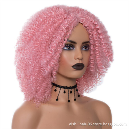 Heat resistant fiber pink short afor kinky curly wigs wholesale good quality synthetic hair wigs for black women